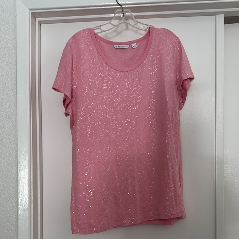 Isaac Mizrahi Sequin Pink Short Sleeve Tee
